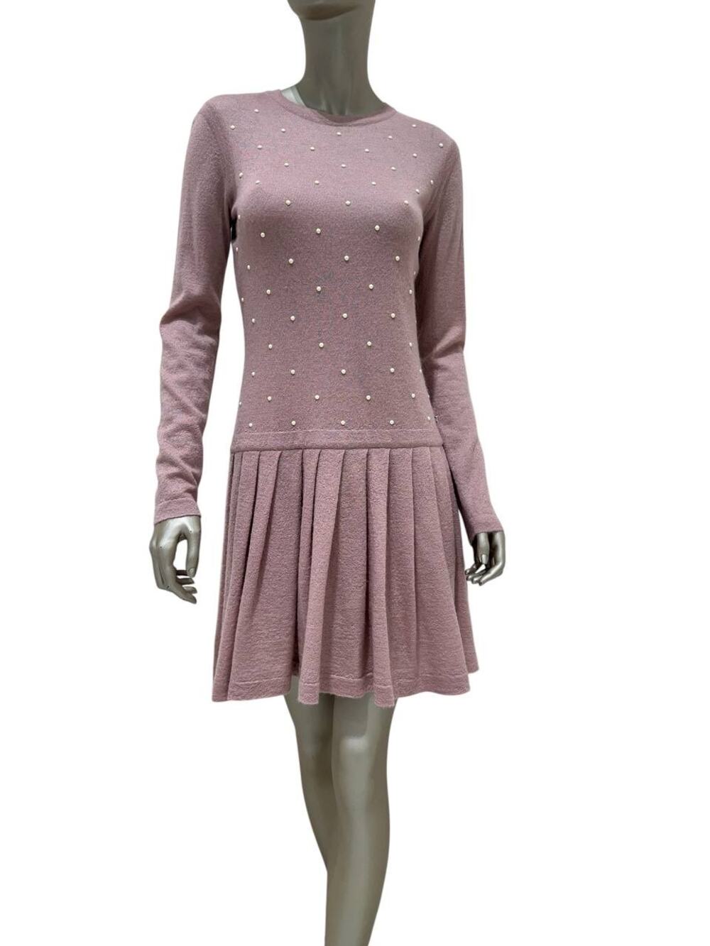 CHANEL 2014 Pink & White Pearl Mohair-Cashmere Dress Sz.38